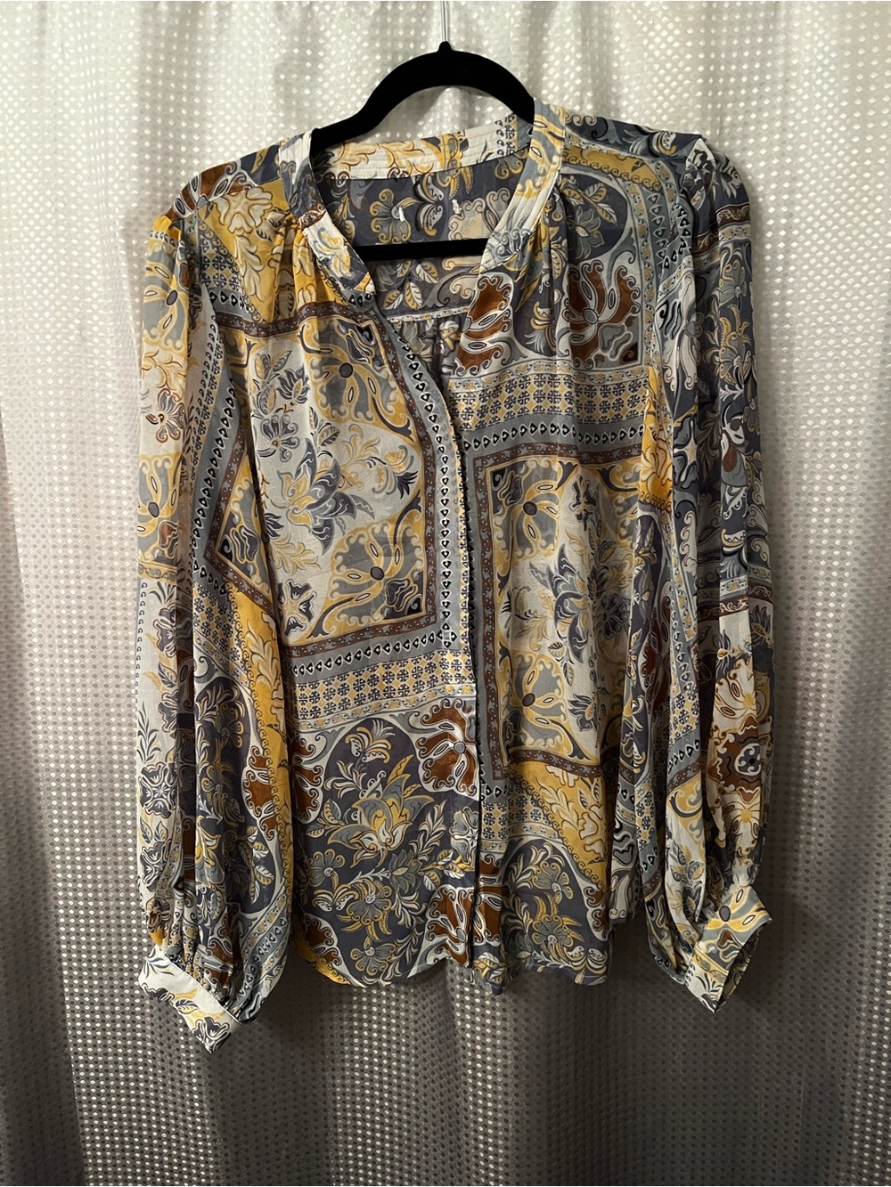 Chico's Paisley Patchwork Blouse in Yellow, Gray, Cream
